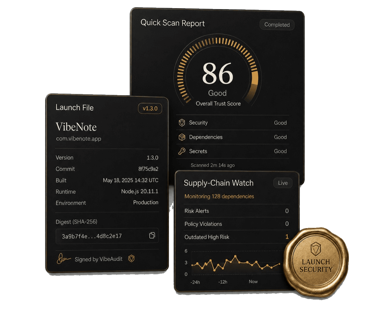 VibeAudit Thorough Scan, Launch File, Supply-Chain Watch, and Launch Security proof cards